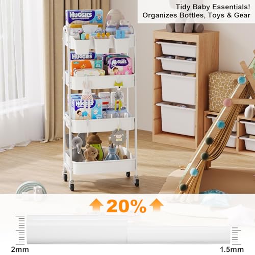 White 4 Tier Rolling Cart Metal with Wheels, Heavy Duty Utility Storage Organizer Carts on Wheels, Four Tiered Roller Cart for Kitchen, Book, Snack, Craft, Art, Dorm, Large Capacity Basket, 38in Tall - color: Simple White, size: 4 tier