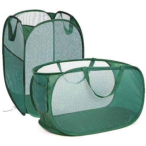 2 Pcs Durable Collapsible Laundry Baskets - Reinforced Mesh Pop Up Laundry Hamper with Pocket, Foldable Dirty Clothes Hamper with Carry Handles for Laundry, Bathroom, Kids Room, Dorm or Travel Green - color: Emerald, size: Pop Horizontal+Vertical