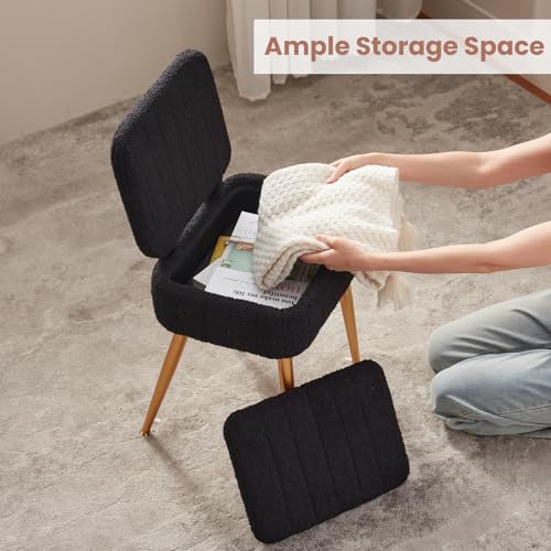 Updated Vanity Chair, Storage Ottoman with Folding Back & Gold-Toned Metal Legs, Ottoman Seat with Teddy Velvet for Dressing Room Living Room Bedroom, 16" x 12.5" Inch - color: Black, size: 16" x 12.5"