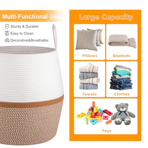 OIAHOMY 80L Blanket Basket with Handle, Storage Basket for Living Room, Laundry Hamper for Clothes, Towels, Pillows, Toy Storage for Kids and Dogs, Baby Hamper for Nursery - Brown & White - color: Brown & White, size: 80L