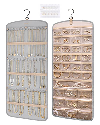BAGSMART Hanging Jewelry Organizer, Necklace Holder Anti-tangle Earrings Rings Hanger with 20 Jewelry Bags Travel Storage Roll with Pockets Hang on Closet, Wall, Door,1 Piece, Large Grey - color: Grey, size: Large - Standard