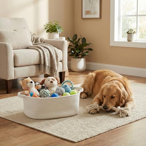 Cotton Rope Storage Basket with Handles, Natural Woven Basket, Decorative Rectangle Organizer Bin for Home, Nursery, Montessori, Dog Toy Storage and Bathroom Organization, White - color: Off-White, size: 14.2" L × 10.4" W × 5.1" H