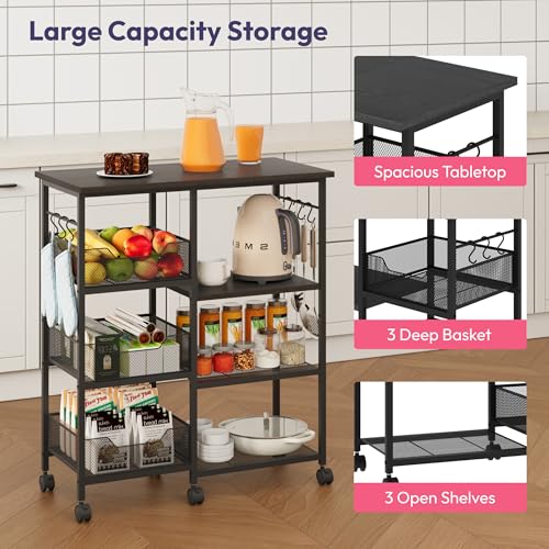 SWTYMIKI Kitchen Island Cart on Wheels - 28.35x14.57in Rolling Kitchen Table Cart with Storage Shelves, 6 Removable Hooks& Locking Casters, Coffee Bar Cabinet for Dining Room Pantry Office, Black - size: 28x14.57in, style: Black