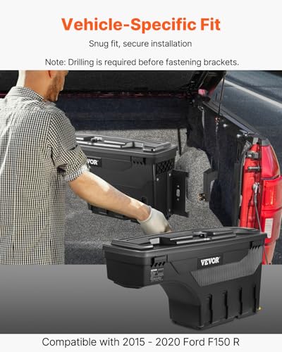 VEVOR Truck Bed Storage Box, Compatible with 2015-2020 Ford F150 R, Waterproof ABS Wheel Well Tool Box with Lockable Lid and Password Padlock, 6.6 Gal/25 L Truck Bed Toolbox, Passenger Side, Black - size: Passenger Side, style: F150