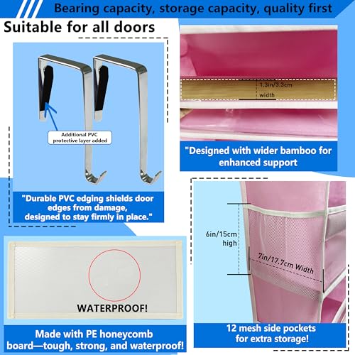 over the door organizer, Solid Bamboo Board (Not Plastic!) 6-Tier Heavy Duty 75LB, 12 Side Pockets, 3 Reinforced Hooks & Anti-Slip Pads, Waterproof & Washable, No Sagging, No Door Damage,Pink - color: over door organizer-Pink