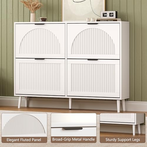 BORNOON Shoe Cabinet for Entryway with 4 Flip Drawers, Slim Wooden Shoe Storage Organizer with Modern Fluted Pannel，Freestanding Narrow Hidden Shoe Rack for Hallway, Foyer, Living Room - color: White, size: 4 Flip Drawers