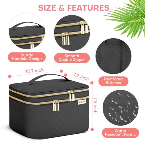HXLGMD Large Makeup Bag with Mirror Double Layer Travel Make Up Organizer Case, Large Capacity Coemetic Bag with Brush Slot Divider - color: Black