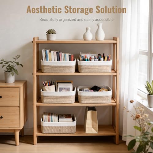 5 Pack Small Woven Storage Baskets for Shelves, Cotton Rope Baskets Organizer for Bathroom, Closet & Nursery, Decorative Storage Bins for Organizing Socks, Toys, 11.8"x7.9"x4.7", Khaki/White - color: Khaki & White