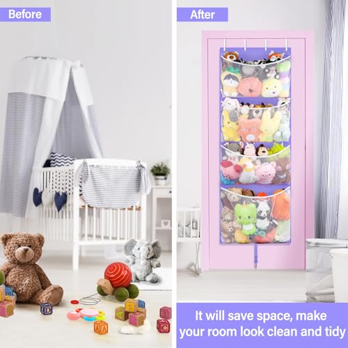 Woodoulogy Hanging Stuffed Animal Storage, Over Door Large Plush Toy Organizer with Metal Hook, Baby Accessory Holder Idea for Nursery, Doll & Bear Mesh Hammock Bag for Girl Boy Kid Room - color: Purple
