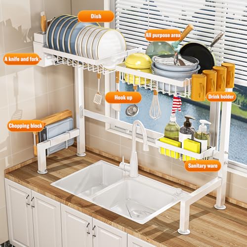 YKLSLH Over Sink Dish Rack - Extensible Large Drying Rack, Suitable for Most Sinks (26.57"-35"), Adjustable Metal Rack, Space Saving, White - color: White, size: 2 Tiers 3 Baskets
