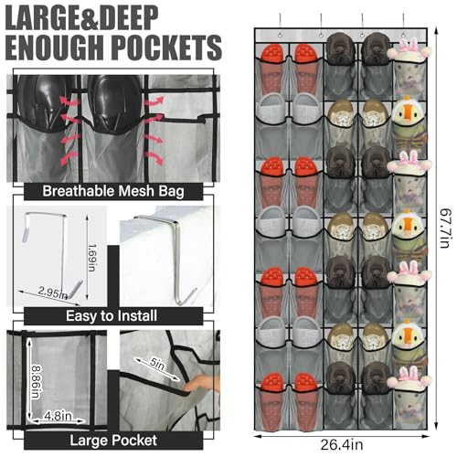 Windyun 2 Pcs 70 Large over The Door Shoe Organizer Hanging Shoe Rack for Closet Holder Gray Mesh Pockets Back to School Behind Door Hanger Storage Nonslip for Home Room School Dorm, Each 35 Pockets - color: Black in Gray