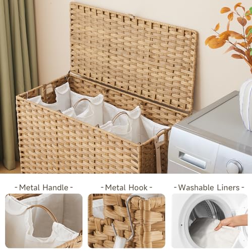 Laundry Hamper with Wheels, 52.8 Gallon(200L) Rolling Laundry Basket with Lid, 3-Section Rattan Clothes Hamper with 3 Removable Liner & 3 Mesh Bags, Laundry Sorter with Side Pocket, Natural - color: Natural, size: 200L（31.5 x 15.75 x 25.6 Inches）