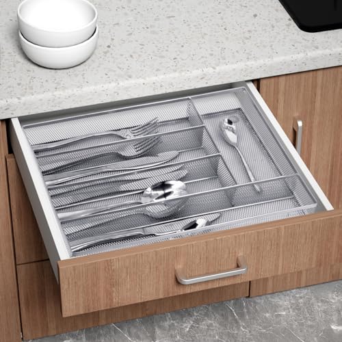 Neudeco Silverware Drawer Organizer - 5 Compartment Cutlery Tray with Non-Slip Feet, Mesh Wire Flatware Storage Divider for Kitchen, Bedroom, Living Room (Silver) - color: Silver