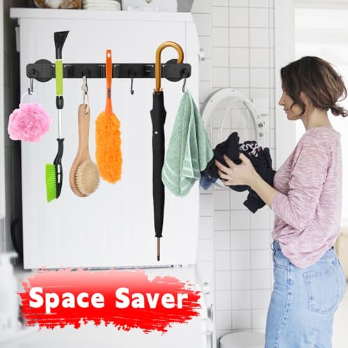 Magnetic Mop Broom Holder,Heavy Duty Movable Magnetic Wall Mount Tool Racks,No Drilling Utility Storage Shovel Hanger for Garage,Closet,Garden,Kitchen,Laundry (4 Hooks 3 Grippers,Black) - style: 4 Slot 3 Hooks Magnetic Mop Holder