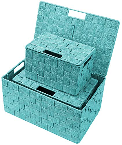 Sorbus Set of 3 Hand-Woven Storage Baskets with Lids – Decorative Wicker Organizers for Home, Closet, or Shelves (Aqua) - color: Aqua