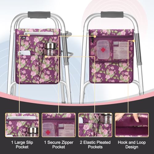 supregear Walker Bag, Universal Seniors Caddy Organizer with Multiple Pockets, Lightweight Accessories for Elderly, Rollators, Wheelchairs and Bedside Rails, Easy to Use Storage Pouch, Floral Purple - color: Floral Purple