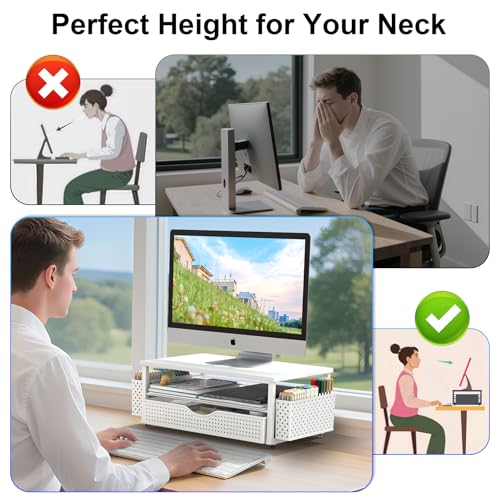Spacrea Desk Organizer and Accessories, Computer Monitor Stand Riser with Drawer and 2 Pen Holders, Office Desk Accessories & Workspace Organizers for Office Supplies (White) - color: White