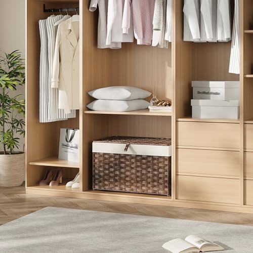 HOOBRO Storage Basket with Lid, 17.2 Gallon (65L) Wicker Basket, Handwoven Blanket Storage Basket with Handles, Metal Frame and Soft Lining, Foldable for Bedroom, Laundry Room, Brown BR265CW01 - color: Brown, size: 22"L x 13.4"W x 13.4"H