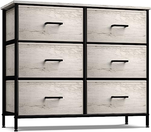 Sorbus Dresser with 6 Faux Wood Drawers - Chest Organizer Unit with Steel Frame Wood Top & Handle Easy Pull Fabric Bins for Clothes - Storage Furniture for Bedroom, Hallway, Living Room & Closet - color: Greige, style: 6 Drawer