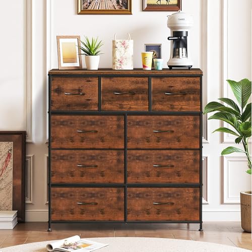 9-Drawer Dresser for Bedroom, Anti-Tip Tall Storage Organizer Chest of Drawers with Wooden Top and Metal Frame Fabric Bins for Closet, Living Room, Hallway, Entryway, Brown - color: Brown, size: 11.8"D x 39.4"W x 40"H (9 Drawers)