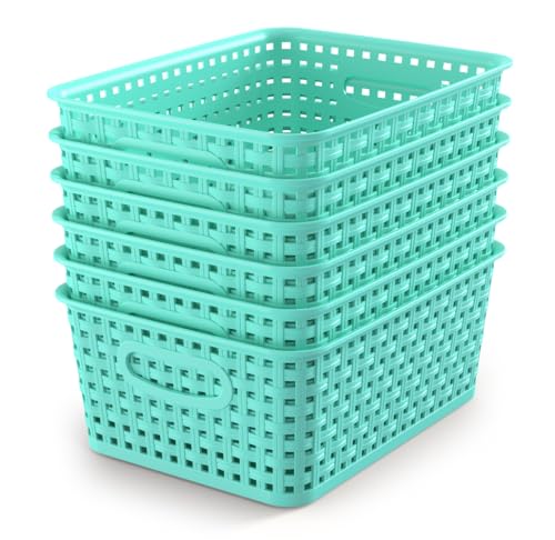 WYT 6-Pack Plastic Small Shelf Storage Weave Baskets Organizing for Cabinets and Pantries, Sky Blue - color: Sky Blue, size: 6-Pack