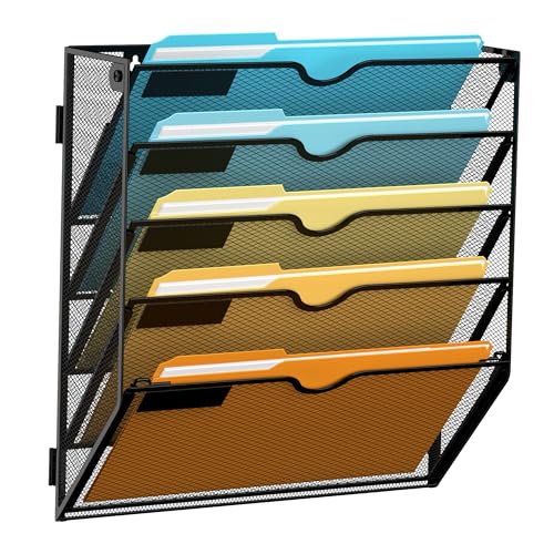 SUPEASY 5 Tier Wall File Organizer, Hanging Wall Mounted Mail Organizer with Label Slots, Metal Mesh File Holder Magazine Rack for Office, Home, School or Classroom, Black - color: Black, size: 5-Tier