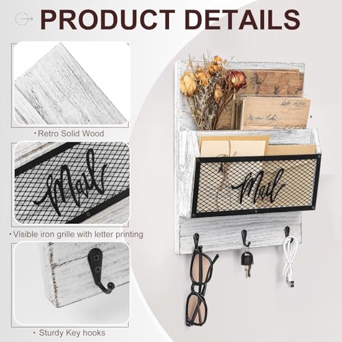 Yalikop Farmhouse Mail Organizer Wall Mounted Rustic Mail Holder Hanging Key Sorter with 3 Hooks Indoor Wooden Wall Mounted, Letter, Magazines, Newspapers, Keys(Classics,White Gray) - color: White Gray