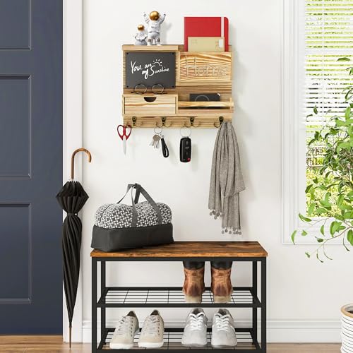 Farmhouse Key Holder for Wall with Mail Organizer - Easy Installation Wall Mount Organizer, Includes Chalkboard, Drawer, Wallet Holder & 4 Double Hooks, Ideal for Entryway, Quick Access - Light Brown - color: Light Brown
