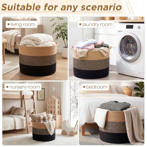 XXXXL 125L Extra Large Blanket Basket, 23.6" x 16.9" Jumbo Woven Cotton Rope Storage Basket with Handles, Laundry Hamper, Toy Storage for Living & Play Room (Khaki, Brown & Black) - color: Khaki, Brown & Black