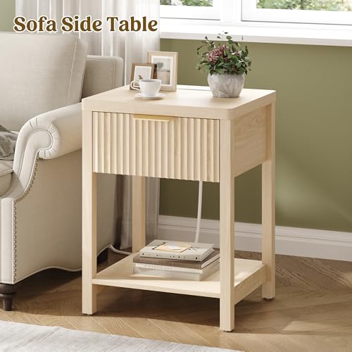 Lulive Fluted Night Stand with Drawers, Fluted Nightstand with Charging Station, Wood Modern Bedside End Table with Storage Drawer for Bedroom, Save Space (Set of 1, Natural Oak) - color: Natural Oak, size: 1 Drawer-Set of 1 Nightstand