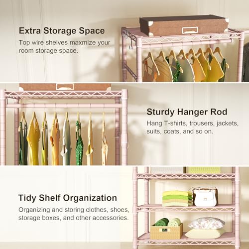 Ulif E1 Heavy Duty Closet Garment Rack, 6 Tiers Adjustable Metal Freestanding Expandable Clothing Storage with 4 Hanger Rods, Easy to Assemble Wardrobe, 71.4" H x (70" - 88.2") L x 14" D, Pink - color: Pink