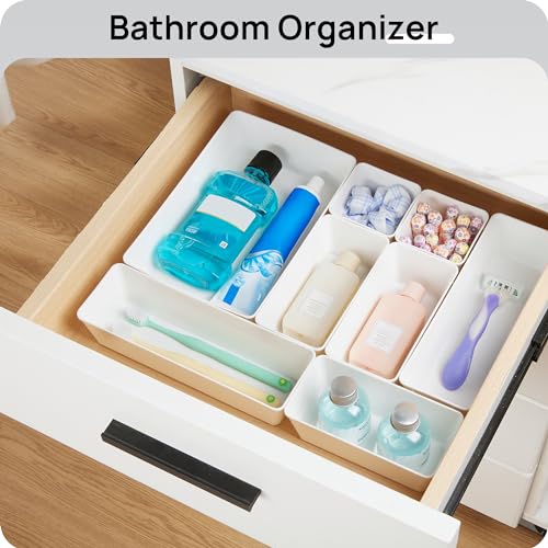 Vtopmart 44 PCS Plastic Drawer Organizers Set, 4-Size Versatile Bathroom and Vanity Organizer Trays, Non-Slip Storage Containers for Makeup, Jewelries, Bedroom，Kitchen Utensils and Office, White - color: White