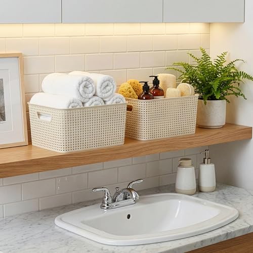 BINO | Plastic Storage Baskets, 13.5 Liter - 3 Pack, Natural | THE WOVEN COLLECTION | Storage Basket for Shelves | Woven Storage Baskets for Organizing Bins | Pantry Shelf Organizer | Container Bin - color: Natural, size: 13.5L | 3-Pack