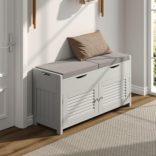 ChooChoo Shoe Storage Bench with Lift Top Storage, Entryway Bench with 2 Cushioned Seats, 3 Compartments, Adjustable Shelf, Shoe Cabinet for Entryway, Bedroom, Living Room, Grey - color: Grey, size: 13.78"D x 29.53"W x 19.69"H
