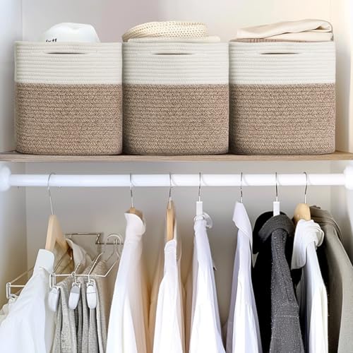 11x11 Cube Storage Bin - 3 Pack Woven Storage Cubes Organizer, 11 Inch Cotton Rope Baskets for Organizing, Square Baskets for Shelves, Baby Nursery Closet Bins, Cubby Toy Box Organizer - color: Brown