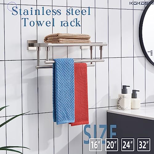 KOKOSIRI Towel Shelf with Double Towel Bars 16 Inches Bathroom Towel Rack Towel Holder Wall Mounted Stainless Steel, Brushed Nickel, B6005BR-L16 - color: Brushed Steel, size: 16 Inch