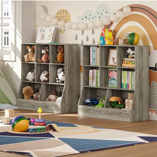 DINZI LVJ Toy Storage Organizer, Kids Bookshelf, Wood Toy Storage Cabinet, 3-Tier 8 Cubby Children Bookcase, 39.4" L Toddler Book Shelf for Playroom, Living Room, Nursery, Hallway, School, Gray Wash - color: Gray Wash, size: 3-Tier 39.4"