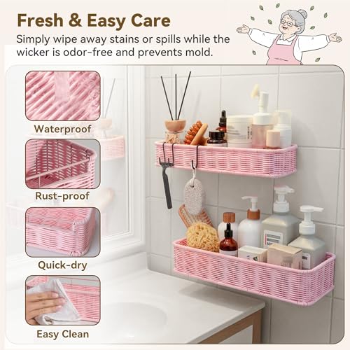 GRANNY SAYS 2 Pack Wicker Shower Caddy Hanging, Shower Shelf for Inside Showers, Adhesive Shelves for Bathroom Organizers and Storage, Bathroom Shelves Wall Mounted with 4 Hooks for Home Decor, Pink - color: Pink, size: Rectangular
