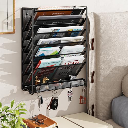 Ekisemio 7-Tier Wall File Organizer, Hanging Mesh File Holder with 4 Hooks, Sturdy Metal File Rack for Desk or Wall, Home Office Storage, Black