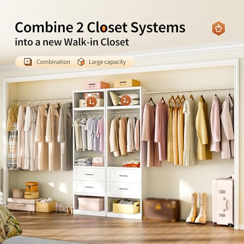 79"H Closet System, 2-8.2FT Metal Closet Organizer with 4 Expandable Hanging Rods, Walk In Closet Organizers and Storage, Clothes Closet with 5 Hanging Zones, 2 Drawers, 2 Shelving Towers