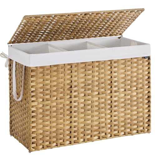 SONGMICS Laundry Hamper with Lid, 52.8 Gallon (200 L) Synthetic Rattan Clothes Laundry Basket with Lid and Handles, Foldable, Removable Liner, Goose Yellow ULCB320Y01 - color: Goose Yellow, size: 200 L