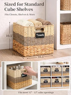 Storage Basket, 10.5x10.5x10.5 Inch Storage Cubes, Water Hyacinth Wicker Basket for Storage, Handmade Woven Baskets for Organizing, Set of 4 Wicker Storage Baskets for Shelves