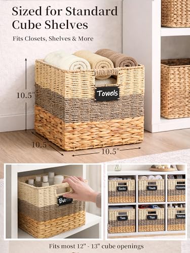 Storage Basket, 10.5x10.5x10.5 Inch Storage Cubes, Water Hyacinth Wicker Basket for Storage, Handmade Woven Baskets for Organizing, Set of 4 Wicker Storage Baskets for Shelves