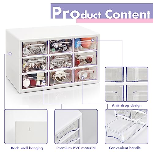 Desk Storage Organizer with 9 Drawers, FODIENS Stackable Desktop Craft Drawer Cabinet, Clear Storage Box Caddy for Makeup Jewelry Office Craft Supplies (9.84×6.3×5.9in) (White) - color: White