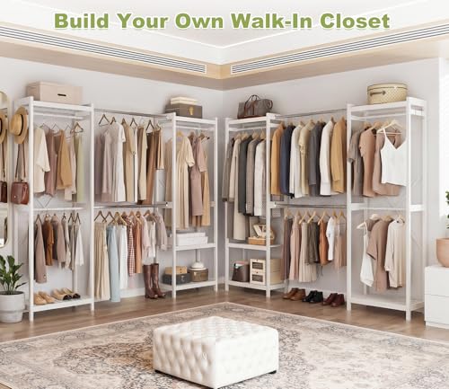Homykic Bamboo Closet System, 71"-91" Expandable Clothing Rack with 5 Hanger Rods & Shelves, 6.6ft Tall Garment Rack Organizer for Walk-in Closet Bedroom, Max Load 850LBS, Easy to Assemble, White - color: White, size: 91"Wx14.2"Dx79"H
