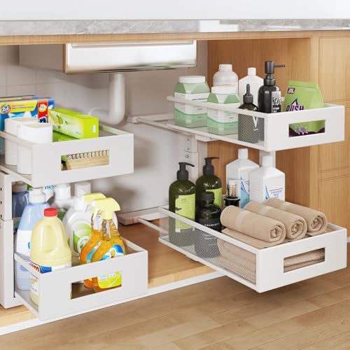 Under Sink Organizer, 2-Tier Dual Pull Out Cabinet Organizer Drawers With Smooth Circular Rail, Large Capacity Metal Mesh Sliding Shelves For Bathroom& Kitchen Storage,Height Adjustable–White,2 Packs - color: White, size: 2 Pack-15.9"Dx11.6"-16.7" H