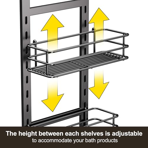 Orimade Adjustable Anti-slip Shower Caddy over Head, Rustproof Bathroom Hanging Organizer with 2 Hooks for Razor, No Drilling Shower Shelves Storage Rack 3 Tier, Black - color: Black