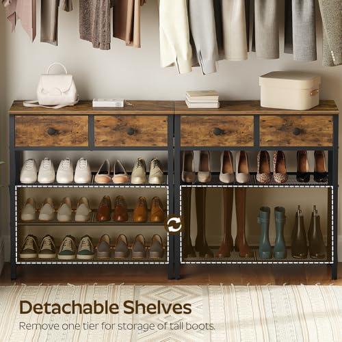 YATINEY 4 Tier Shoe Rack, Large Capacity Shoe Storage Organizer, Metal Shoe Shelf with Drawer and Wooden Top, for 16 Pairs of Shoes, for Entryway, Closet, Rustic Brown and Black SS24BR - color: Rustic Brown + Black, size: 27.7" x 10.8" x 29.6"