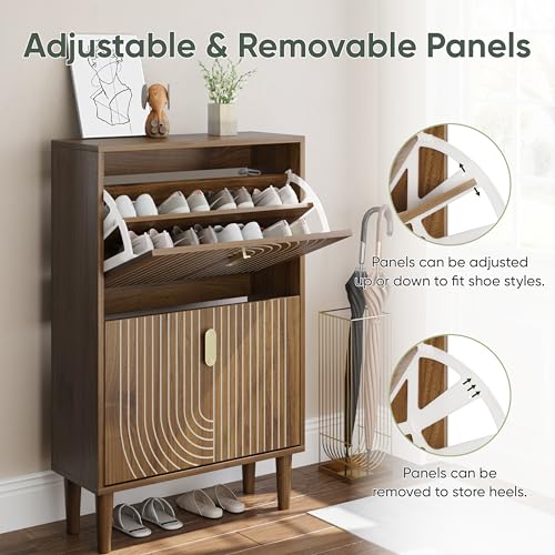 Smuxee Shoe Cabinet with 2 Flip Drawers, 23.6" Walnut Hidden Shoe Storage Cabinet with Line Groove Design, Freestanding Shoe Organizer Cabinet for Entryway, Hallway, Living Room - color: Walnut With Flip Drawers, size: 23.6" (60 cm)