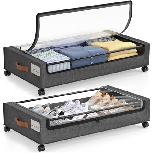 LAMU Under Bed Storage with Wheels, 2 Pack Under Bed Storage Containers with Clear Lid, XXL 60L Underbed Storage Bins, Rolling Under Bed Metal Drawers for Clothes, Blankets, Shoes, Hemp Grey - color: Hemp Gray, size: 2 Pack